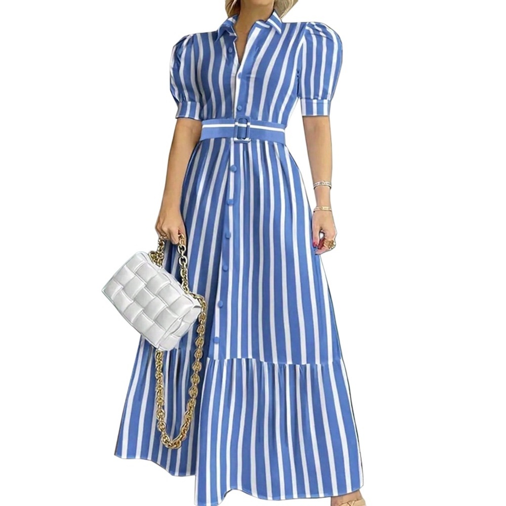 Womens Striped Button Down Shirt Dress Casual Puff Short Sleeve